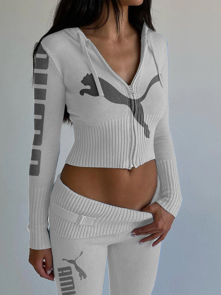 Dzianinowy, modny, seksowny garnitur z wysokim stanem