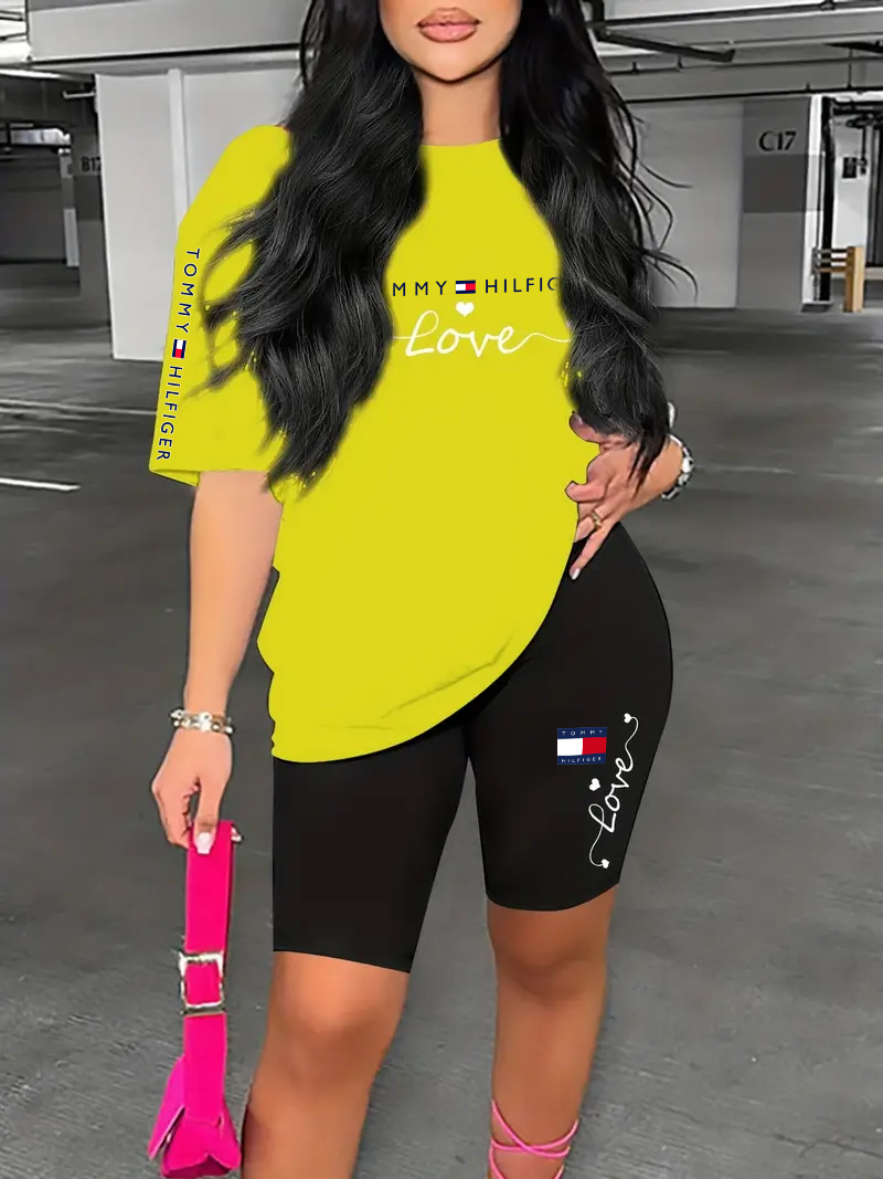 Letter Print Lounge Set, Short Sleeve Loose Top & Biker Shorts, Women's Loungewear & Sleepwear