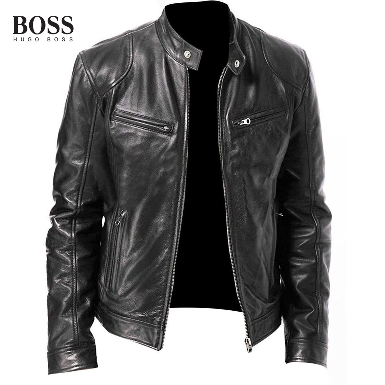 Men's Stand Collar Leather Jacket Lightweight Zipper Leather Coat Slim Fit Biker Jacket