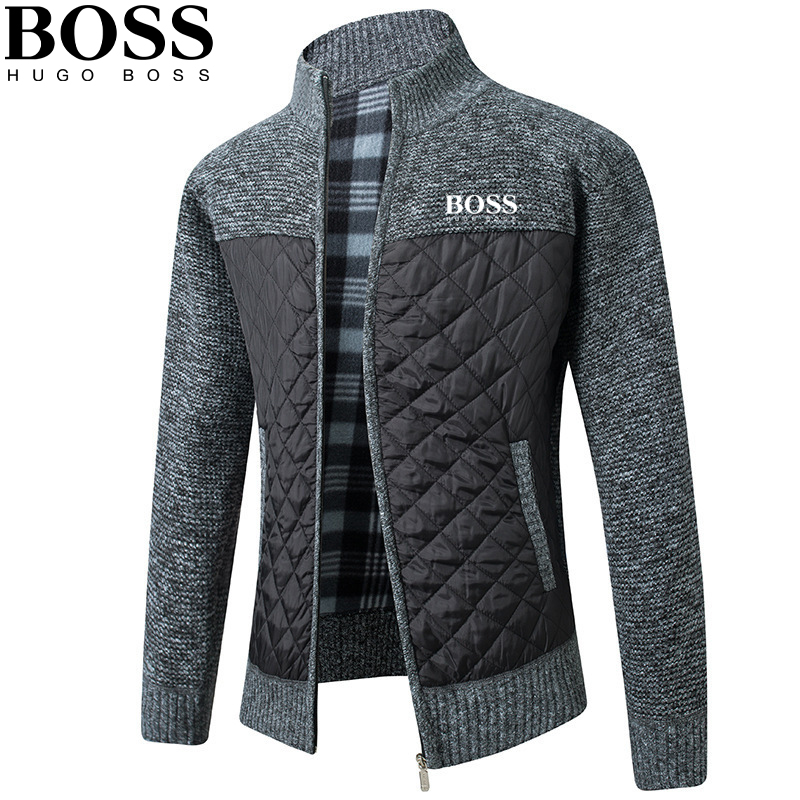 Men's Striped Check Zip Fleece Knit Jacket
