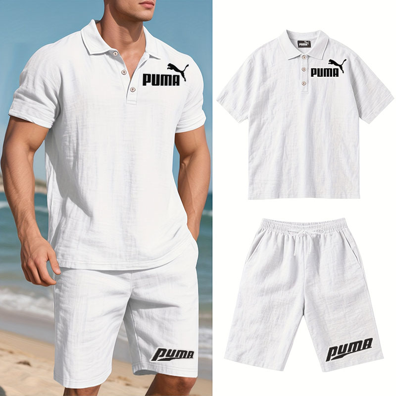 PUMA Męski Komplet z Koszulą i Szortami Lnianymi, Wygodny Styl na Wypoczynek Plażowy - Prosty Jednokolorowy