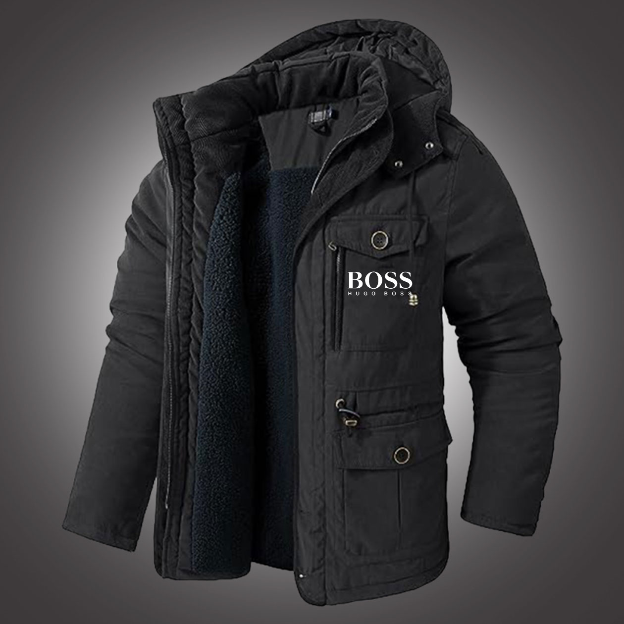 Men's Winter Hooded Jacket Windproof Lined Fleece Windbreaker Coat Outerwear Warm Parka