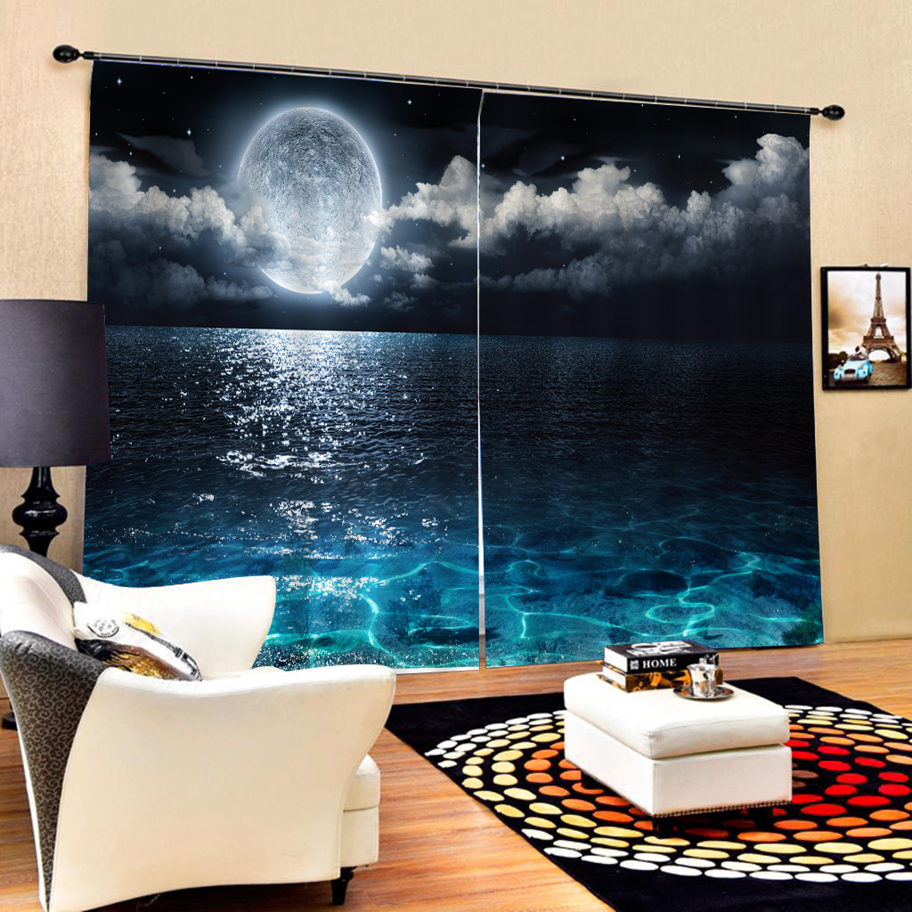 3D Curtain Moon Night Sea Surface, Romantic Night