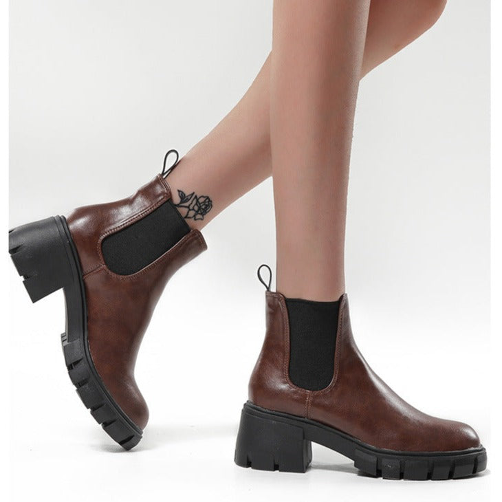 Women's chunky platform block heels chelsea boots Slip on round toe short chelsea booties