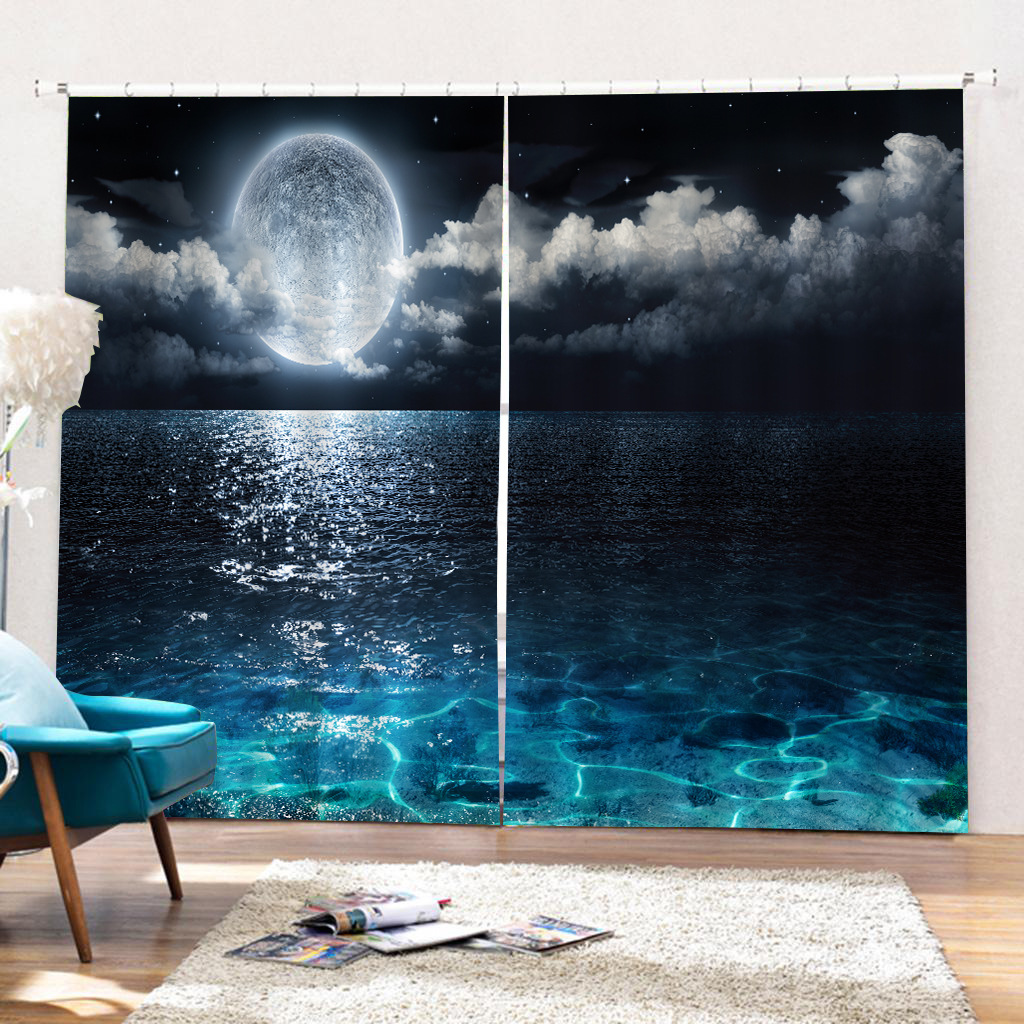 3D Curtain Moon Night Sea Surface, Romantic Night