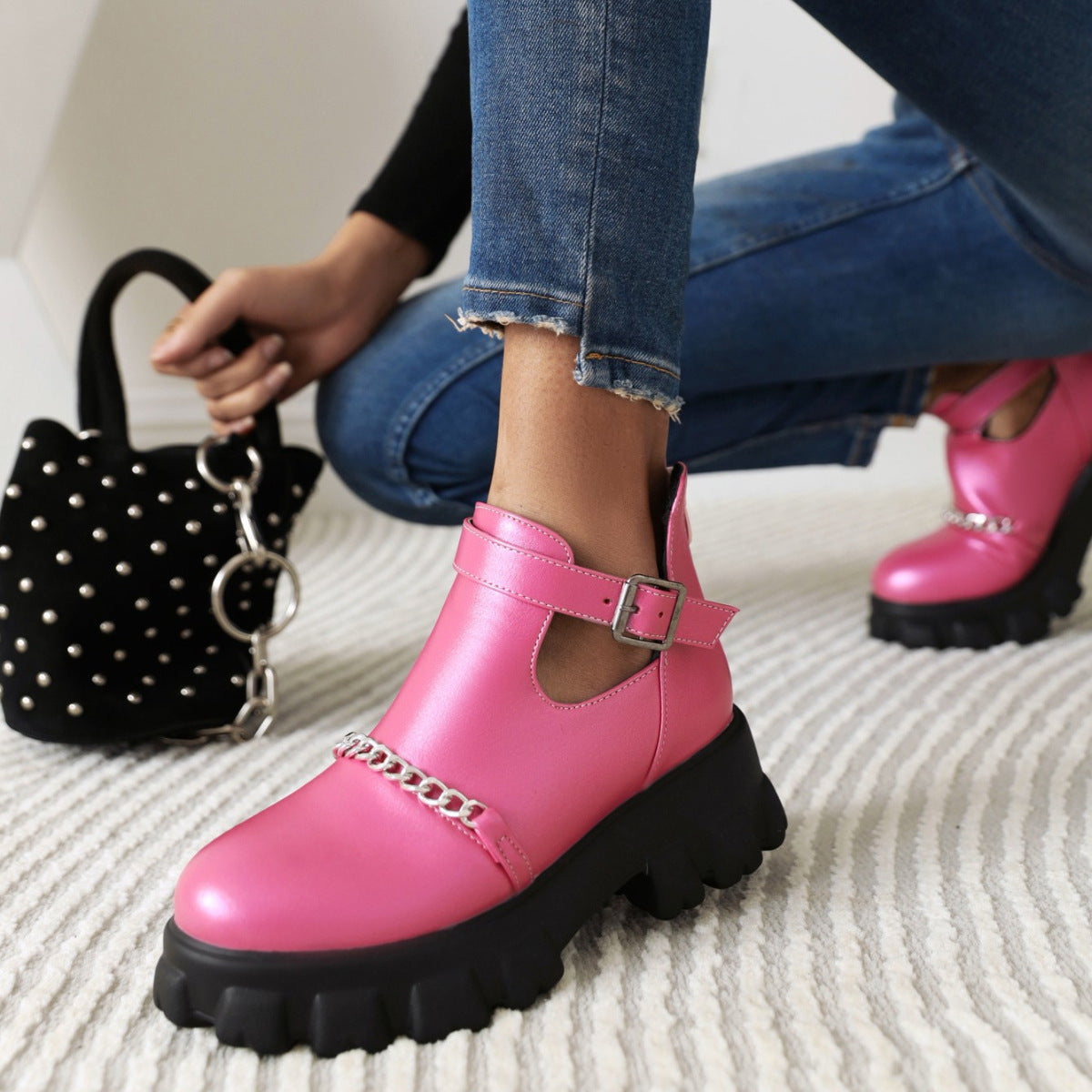 Goth chains cut-out ankle strap boots chunky platform booties for women
