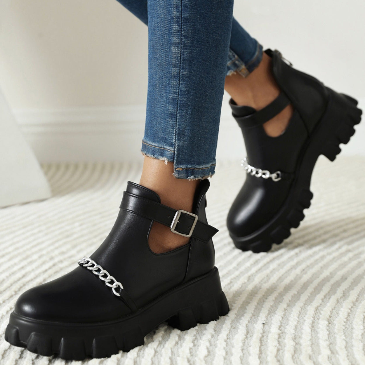 Goth chains cut-out ankle strap boots chunky platform booties for women