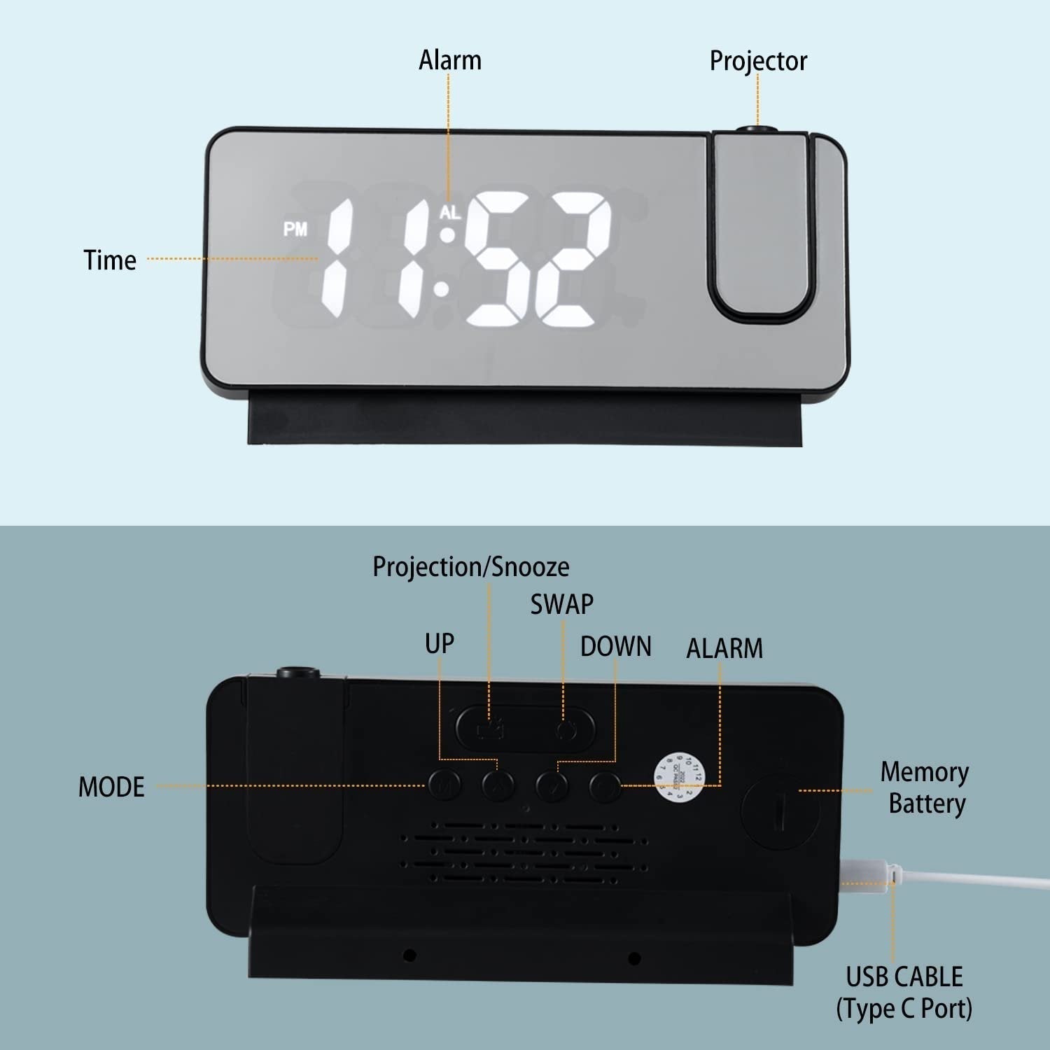 Mirror projection alarm clock
