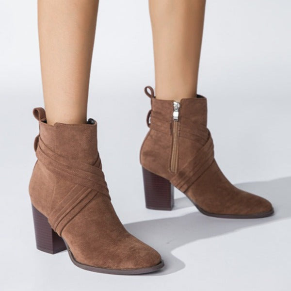 Faux suede cross strap block heels ankle boots for women Side zipper slip on booties