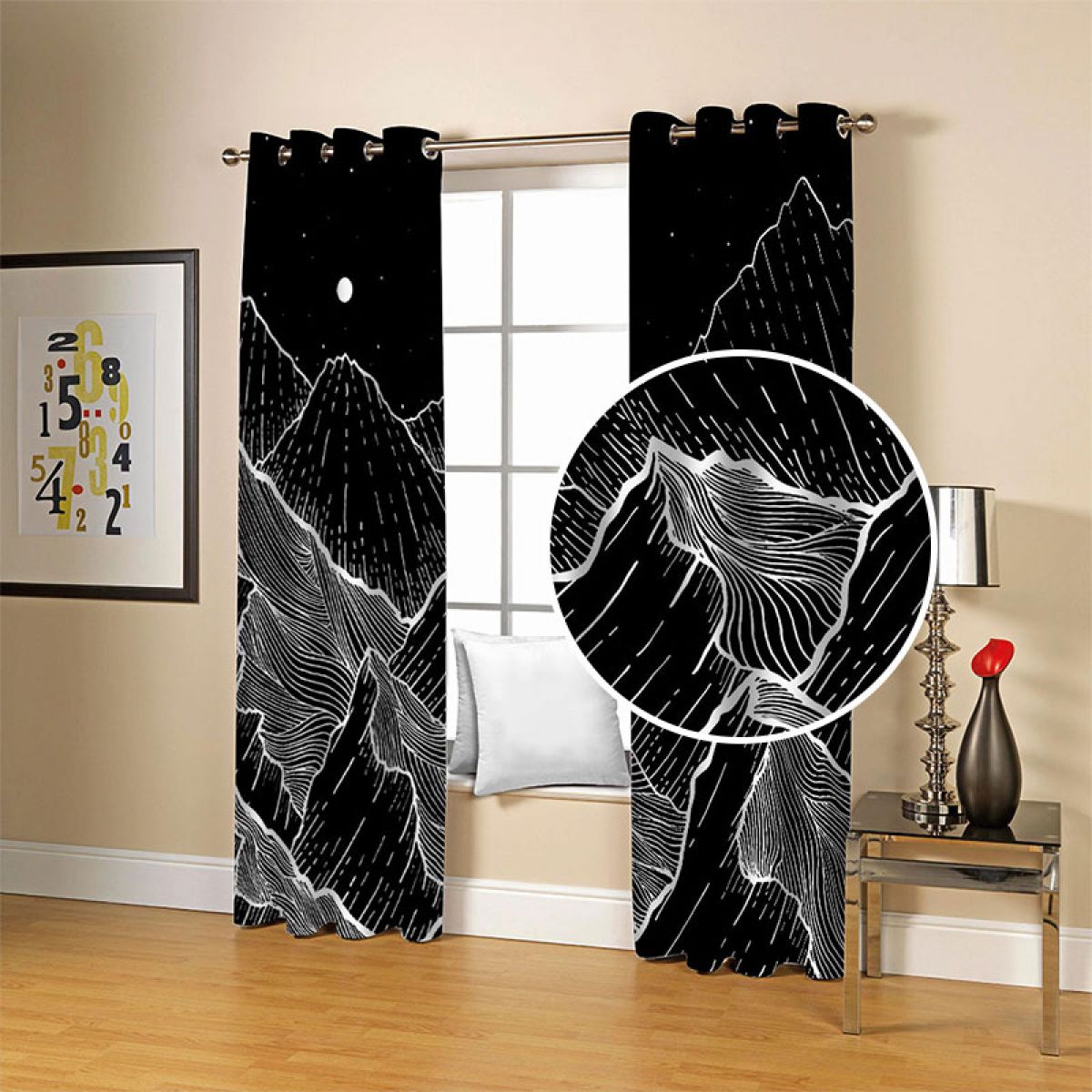 Digital Printing 3D Curtain Mountain Outline at Night Grommet Panel 2 Piece, W47