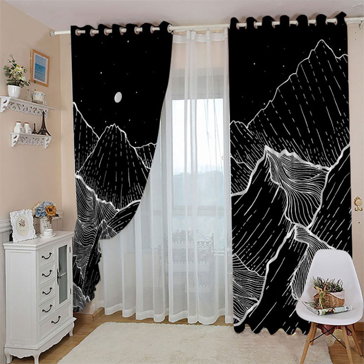 Digital Printing 3D Curtain Mountain Outline at Night Grommet Panel 2 Piece, W47