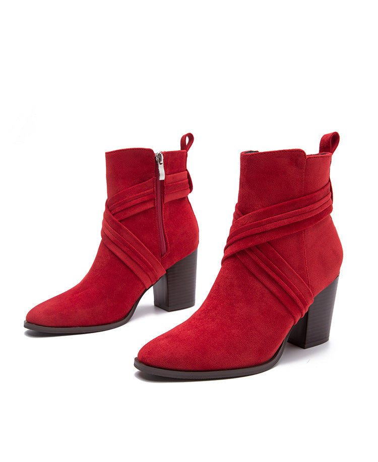 Faux suede cross strap block heels ankle boots for women Side zipper slip on booties