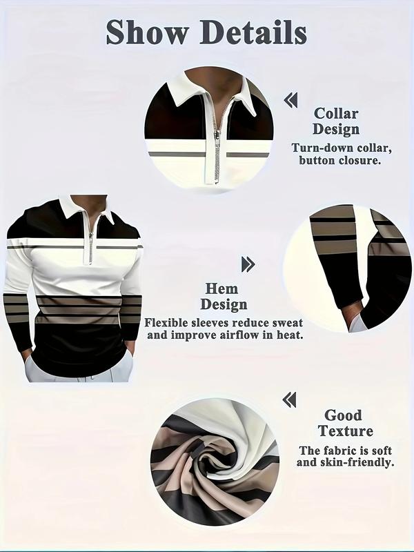 Men's Long Sleeved Zipper Collar Shirt Striped Fashion Polo Shirt Collar