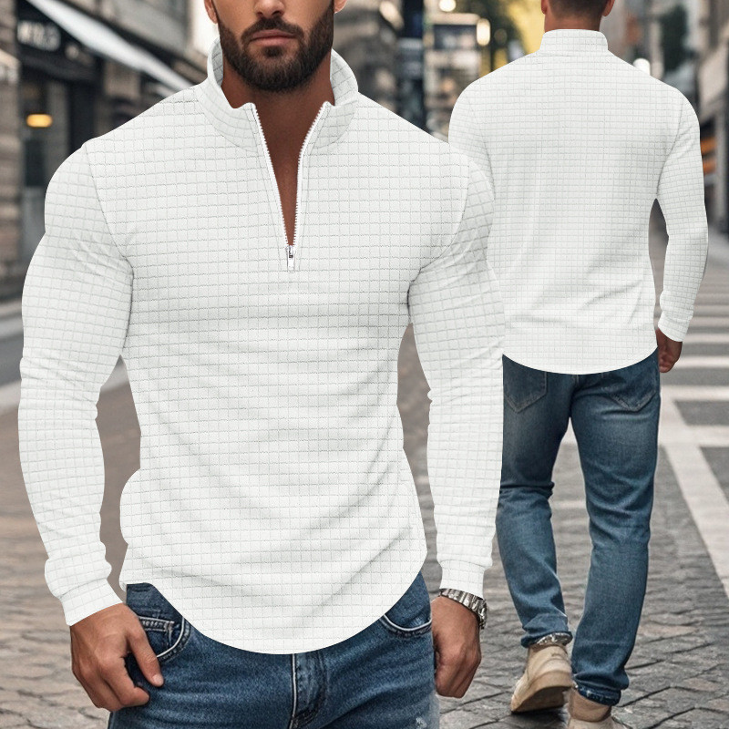 Men's American Retro Autumn And Winter Half-Zip Small Plaid Casual Stand-Up Collar Long-Sleeved Sweatshirt