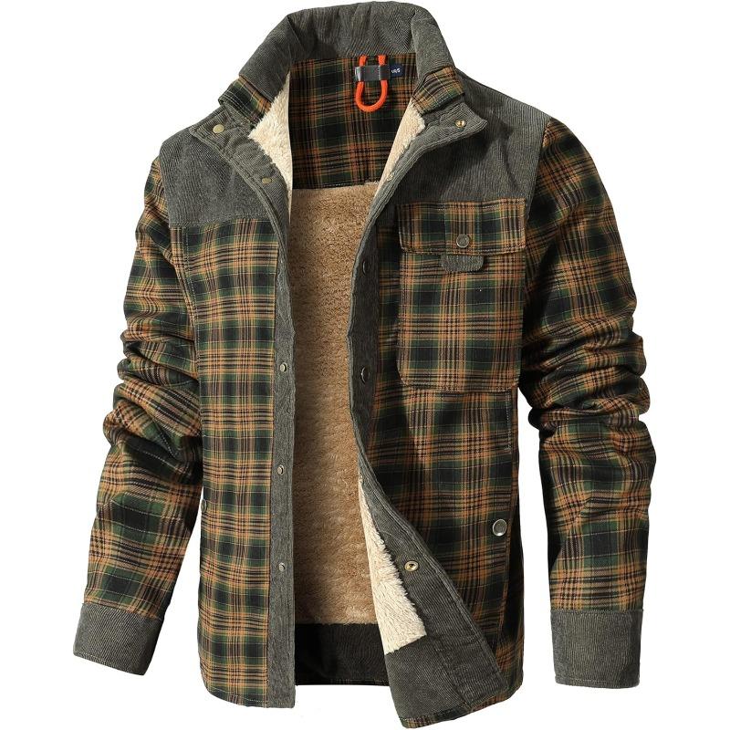 Men's Corduroy Plaid Sherpa Lined Flannel Shirt Jacket Fleece Coat