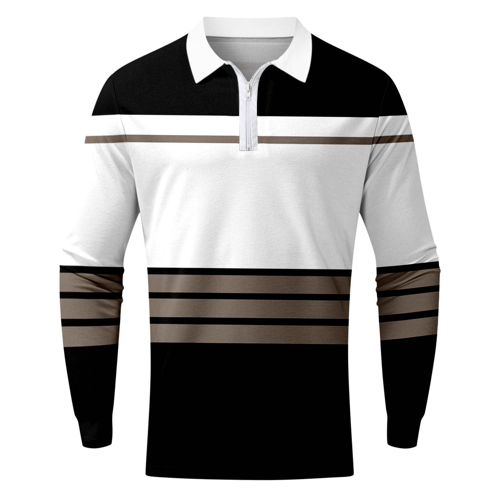 Men's Long Sleeved Zipper Collar Shirt Striped Fashion Polo Shirt Collar