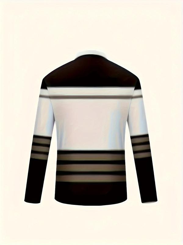 Men's Long Sleeved Zipper Collar Shirt Striped Fashion Polo Shirt Collar