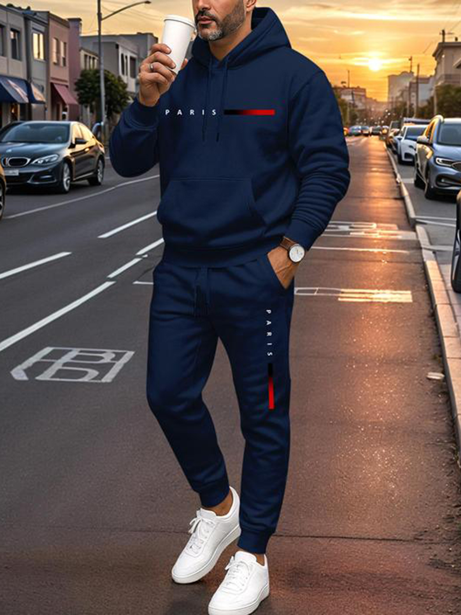 Men's Paris Letter Printed Hoodie and Drawstring Sweatpants Set Two-Piece Set