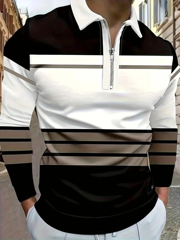 Men's Long Sleeved Zipper Collar Shirt Striped Fashion Polo Shirt Collar