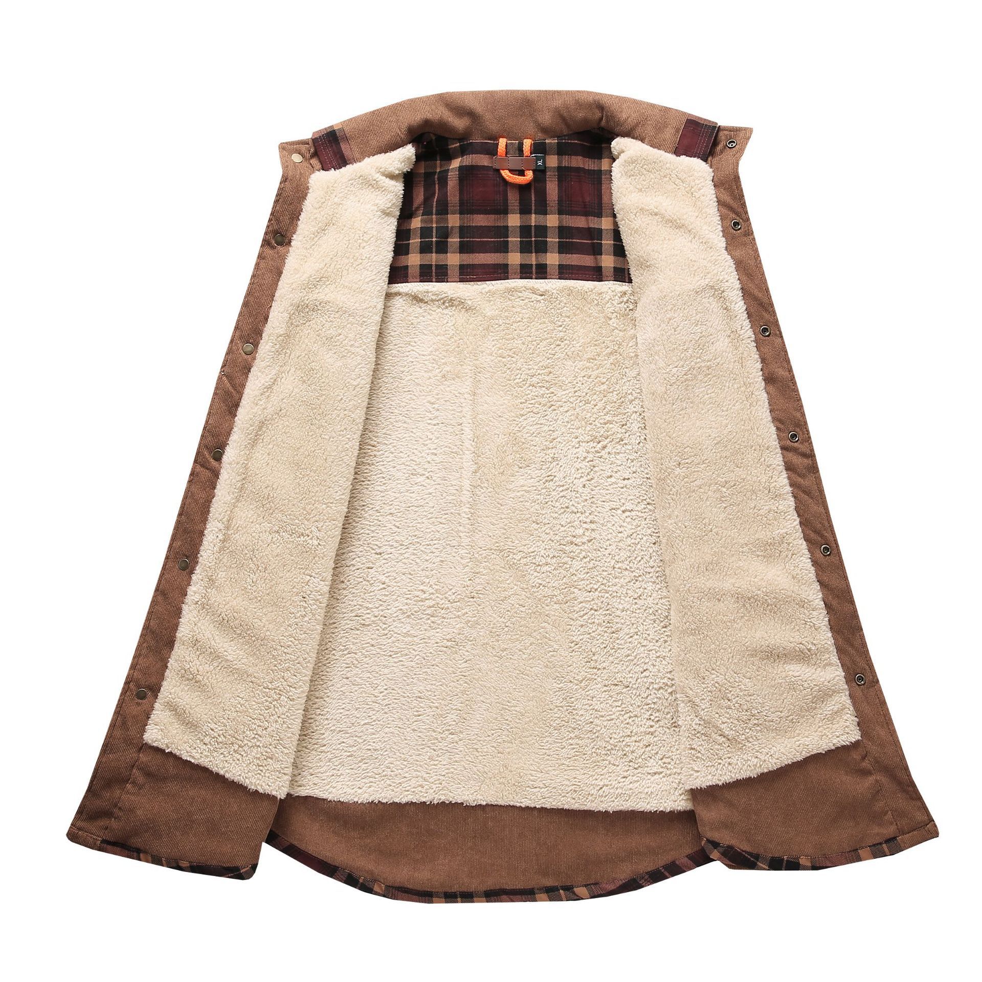 Men's Corduroy Plaid Sherpa Lined Flannel Shirt Jacket Fleece Coat