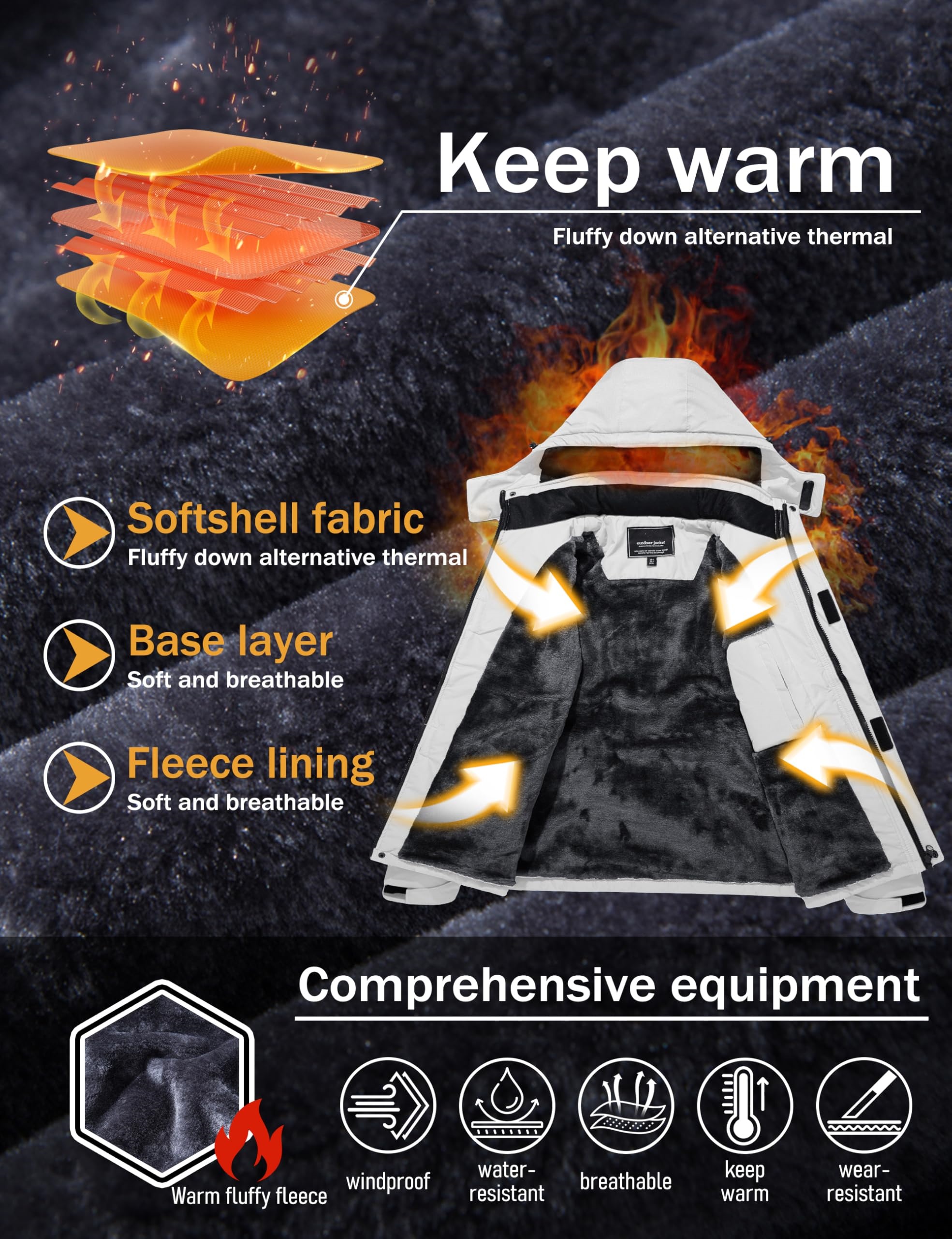 Men's Winter Coats Water Resistant Ski Snow Jacket Warm Fleece Jacket Parka Raincoats With Hood Multi-Pockets