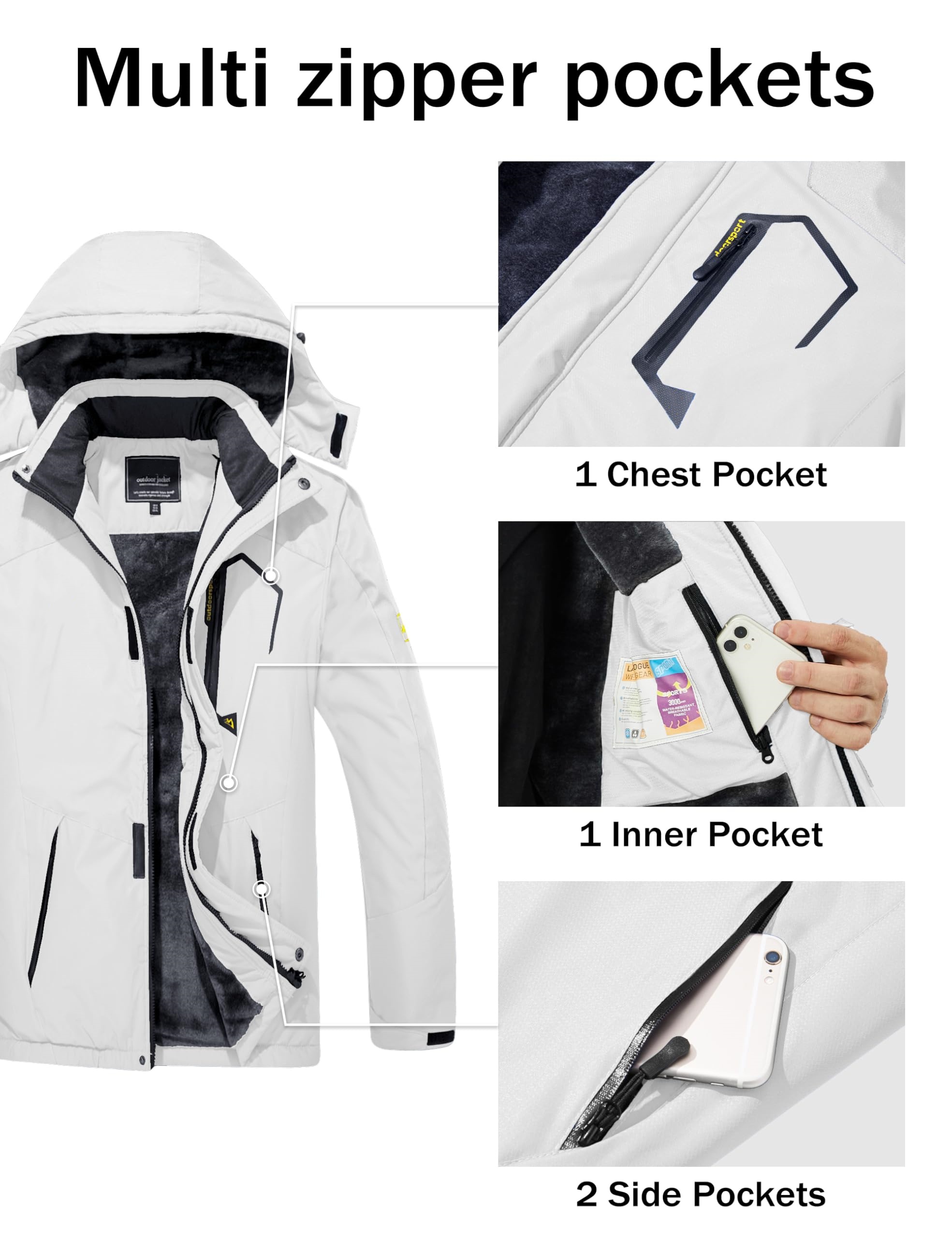 Men's Winter Coats Water Resistant Ski Snow Jacket Warm Fleece Jacket Parka Raincoats With Hood Multi-Pockets
