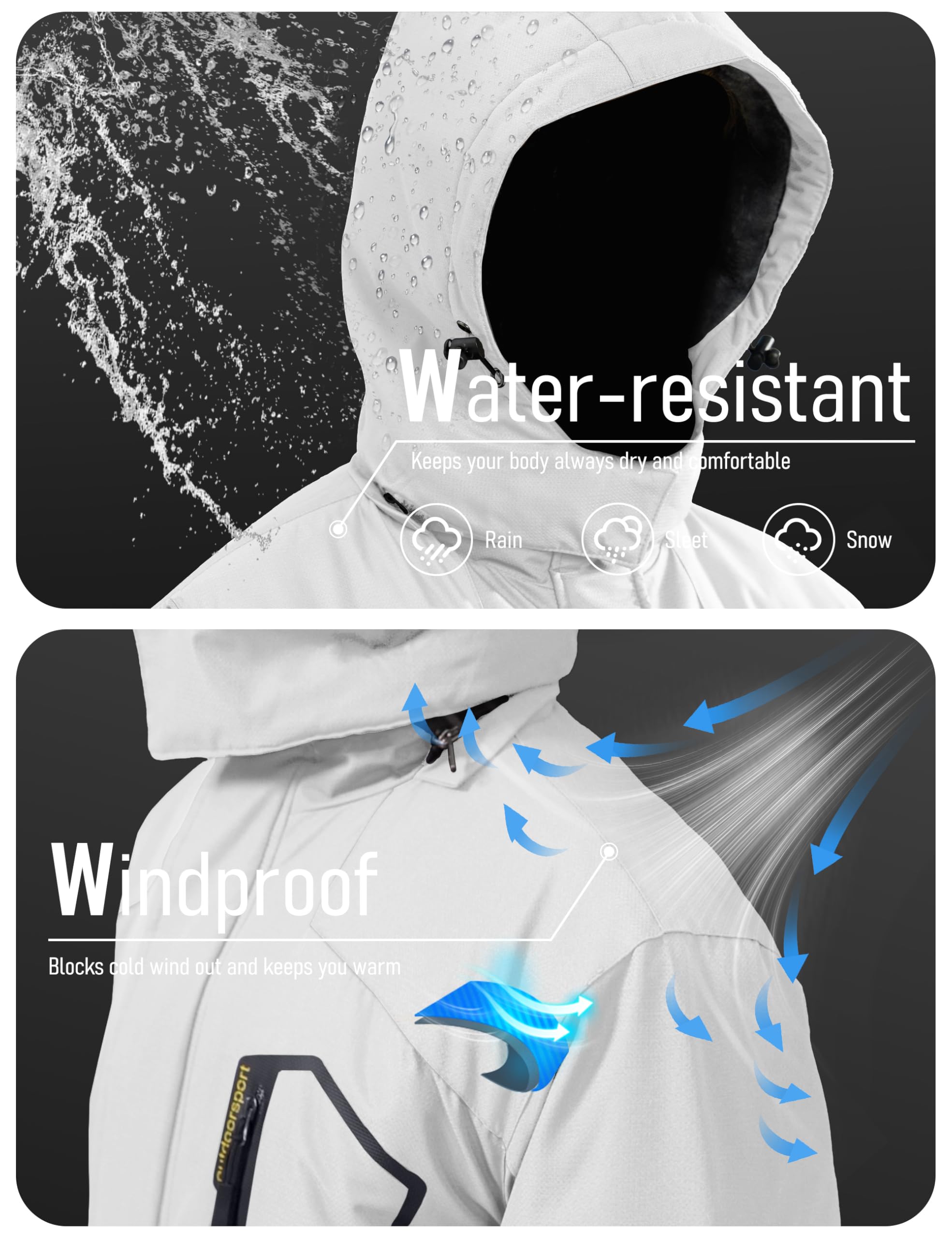 Men's Winter Coats Water Resistant Ski Snow Jacket Warm Fleece Jacket Parka Raincoats With Hood Multi-Pockets