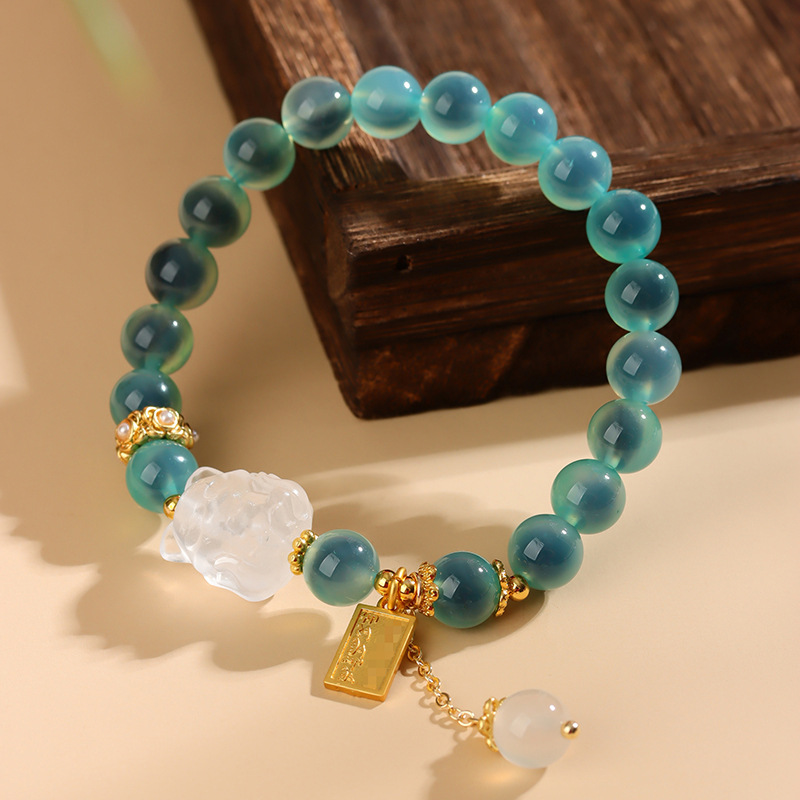 Green Sugar Heart Agate Nine-Tailed Fox Bracelet - Feng Shui Luck Block Breaker for Stuck Opportunities