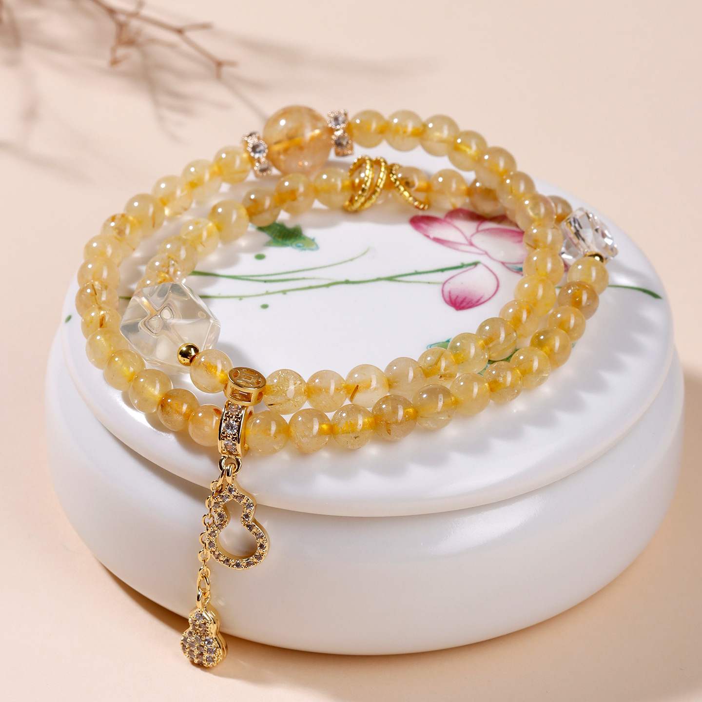 Feng Shui Golden Rutilated Quartz Wealth Bracelet - Original Double-Strand Jewelry for Attracting Wealth & Luck