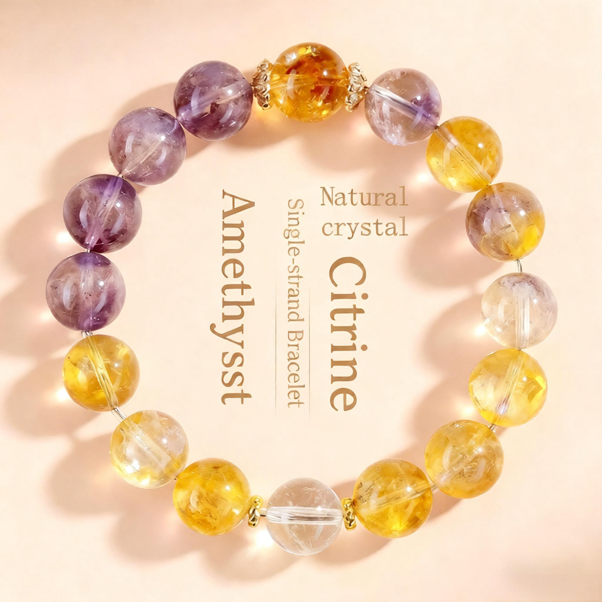 Feng Shui Citrine & Amethyst Love Bracelet - Natural Crystal Jewelry to Attract Soulmates & Strengthen Relationships