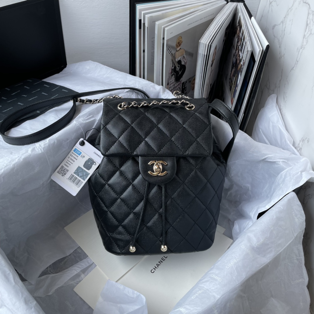 CHANEL Backpacks  Grain-embossed shiny calf leather with gold-coloured metal Black -AS4058