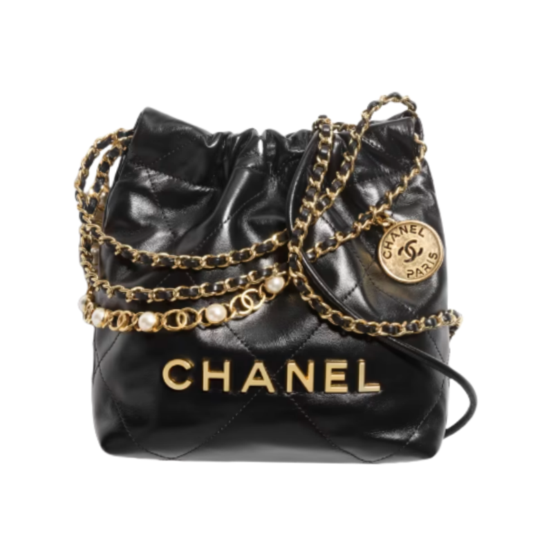 CHANEL CHANEL 22 Mini Handbag Shiny Calfskin, Imitation Pearls & Gold-Tone Metal Black- AS3980
