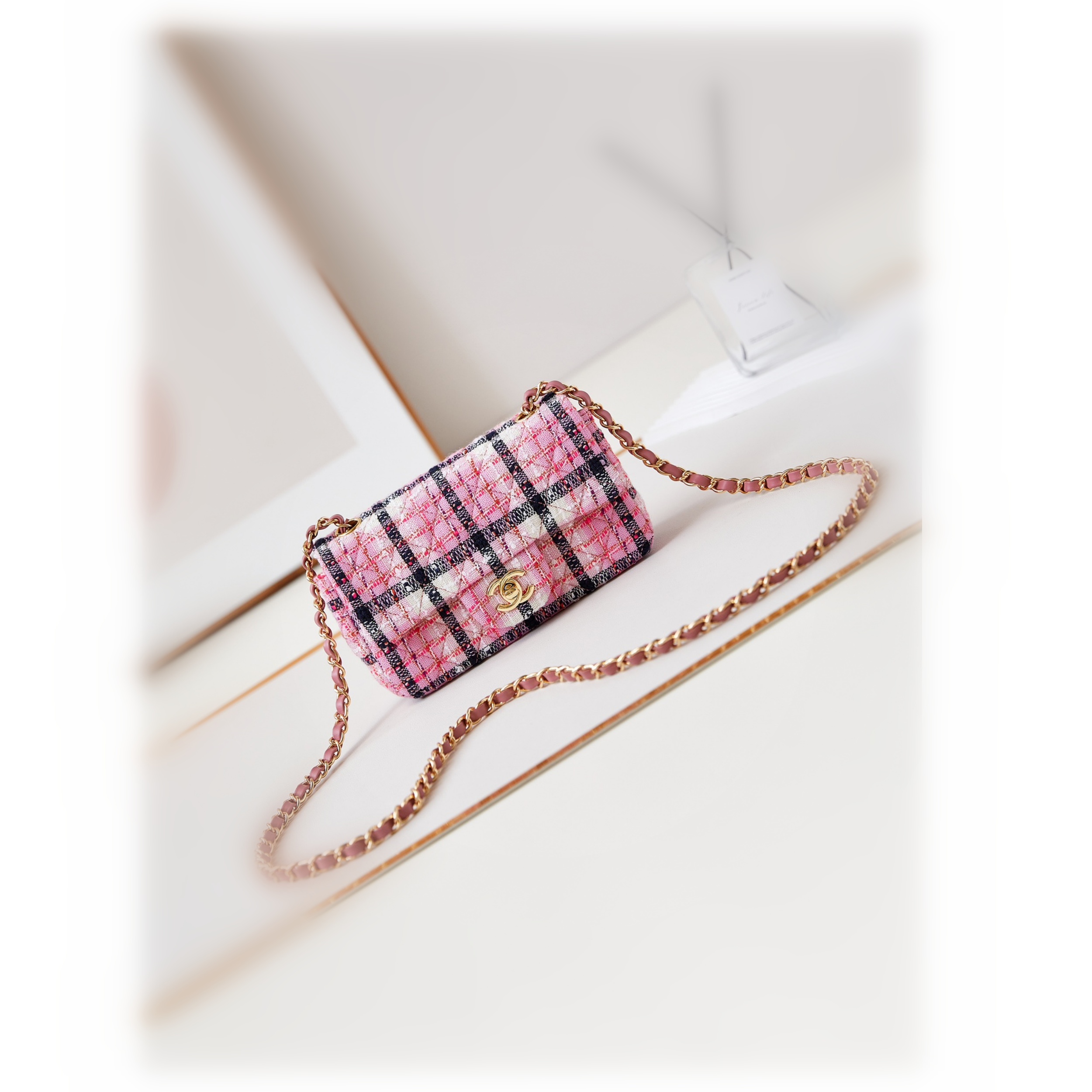 CHANEL Mini Classic Handbag & Gold-Tone Metal Pink Stripe-A69900