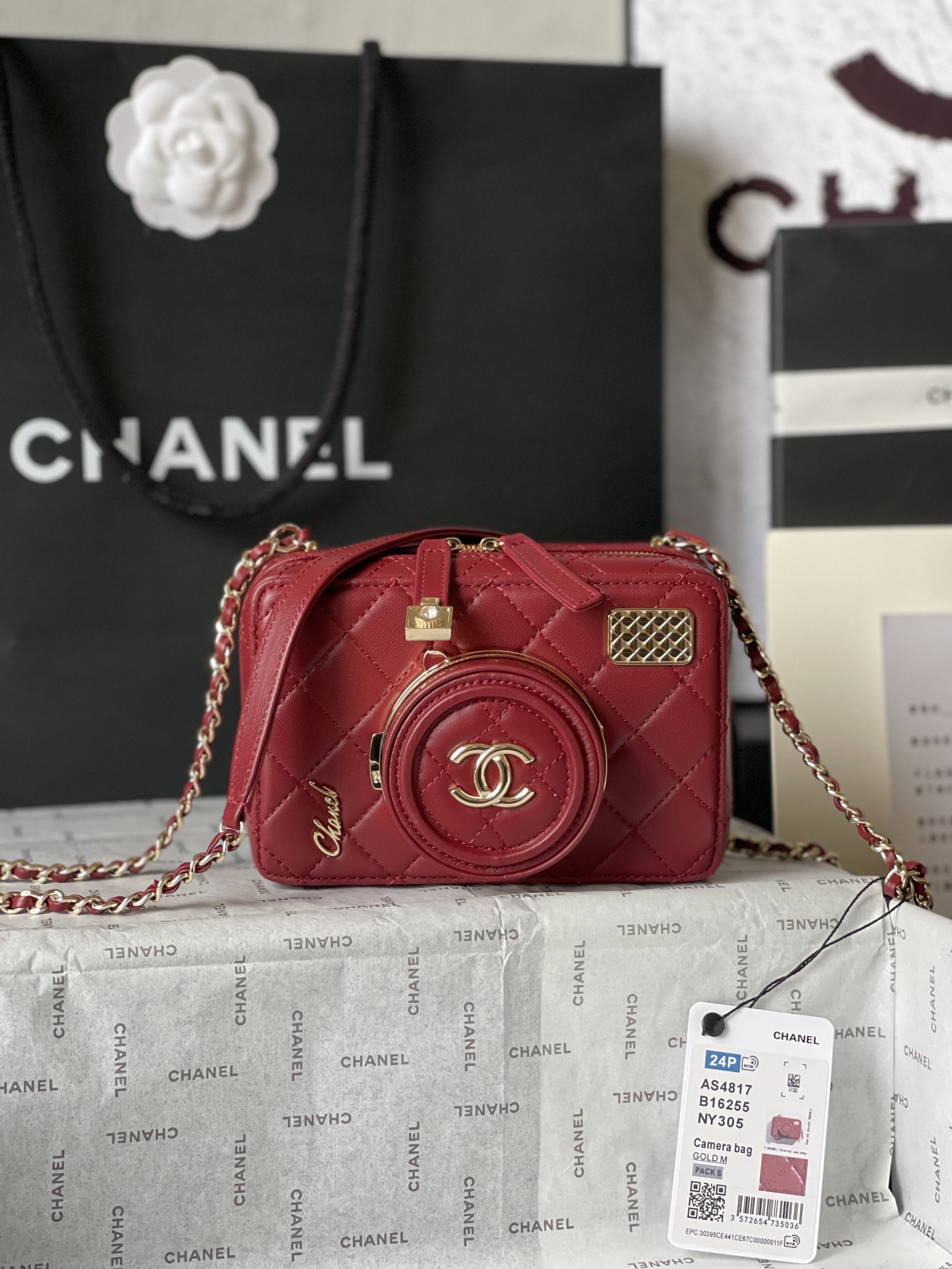 CHANEL Camera bag Sheep leather and gold metal Red-AS4817