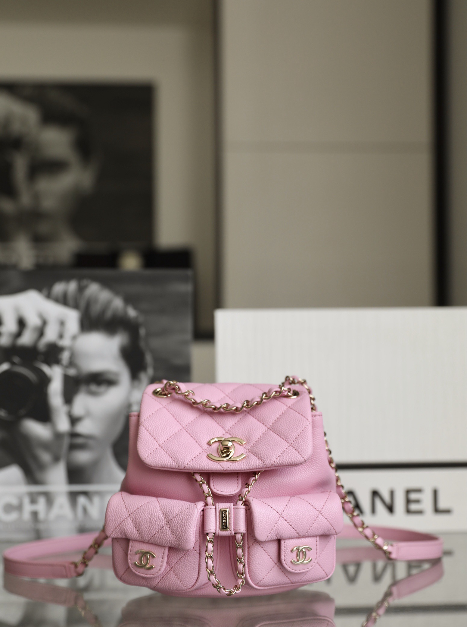CHANEL Backpacks Grained Calfskin & Gold-Tone Metal Light Pink -AS3787