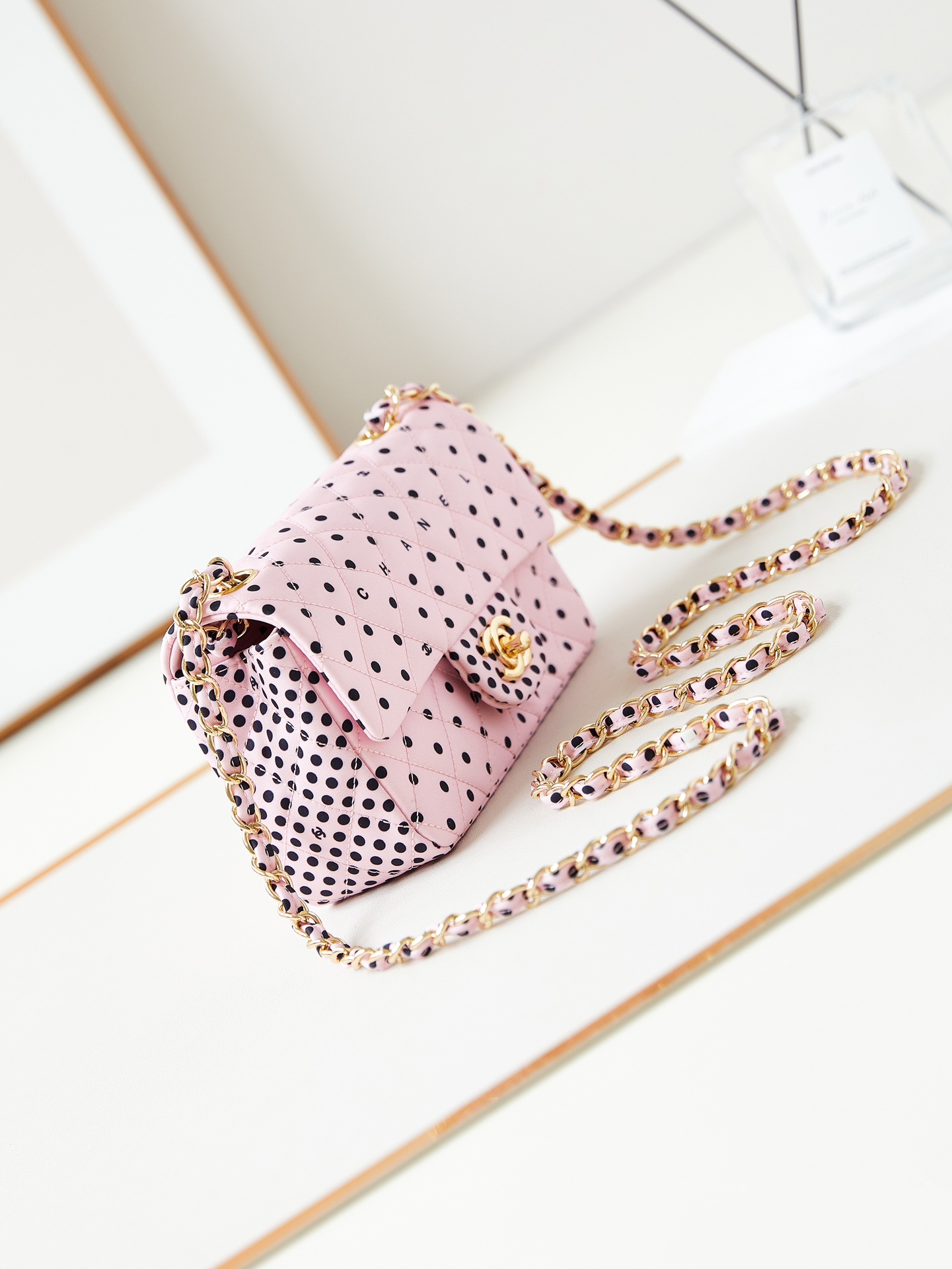 CHANEL Mini Classic Handbag & Gold-Tone Metal Pink Spots-A69900