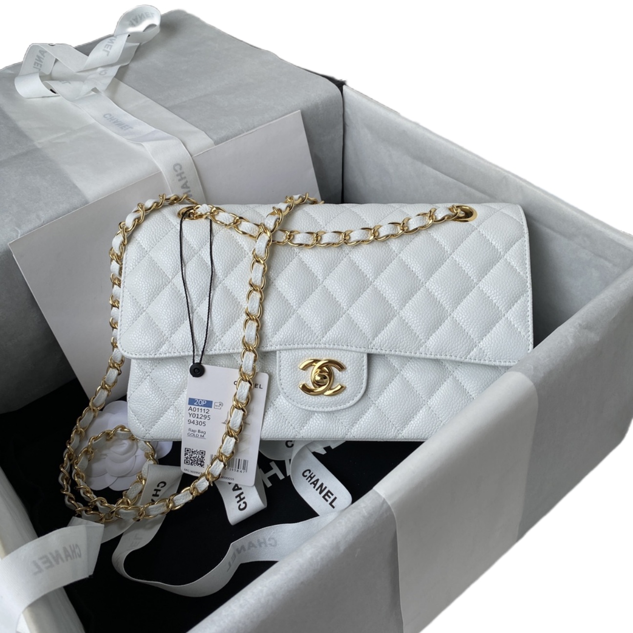 CHANEL CLASSIC 11.12 HANDBAG Lambskin & Brown Metal White-A01112