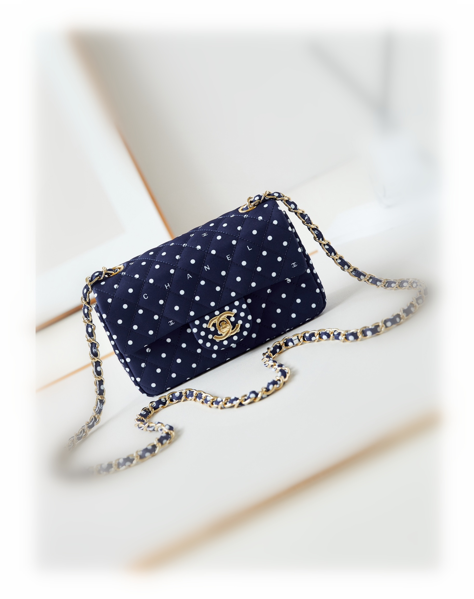 CHANEL Mini Classic Handbag & Gold-Tone Metal Blue Spots-A69900