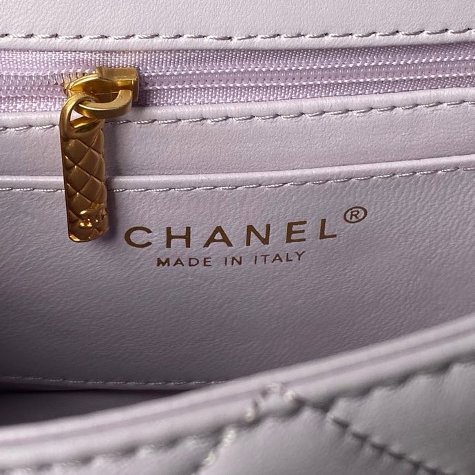 CHANEL  Mini Flap Bag with Top Handle Grained Shiny Calfskin & Gold-Tone Metal Light Purple-AS4956