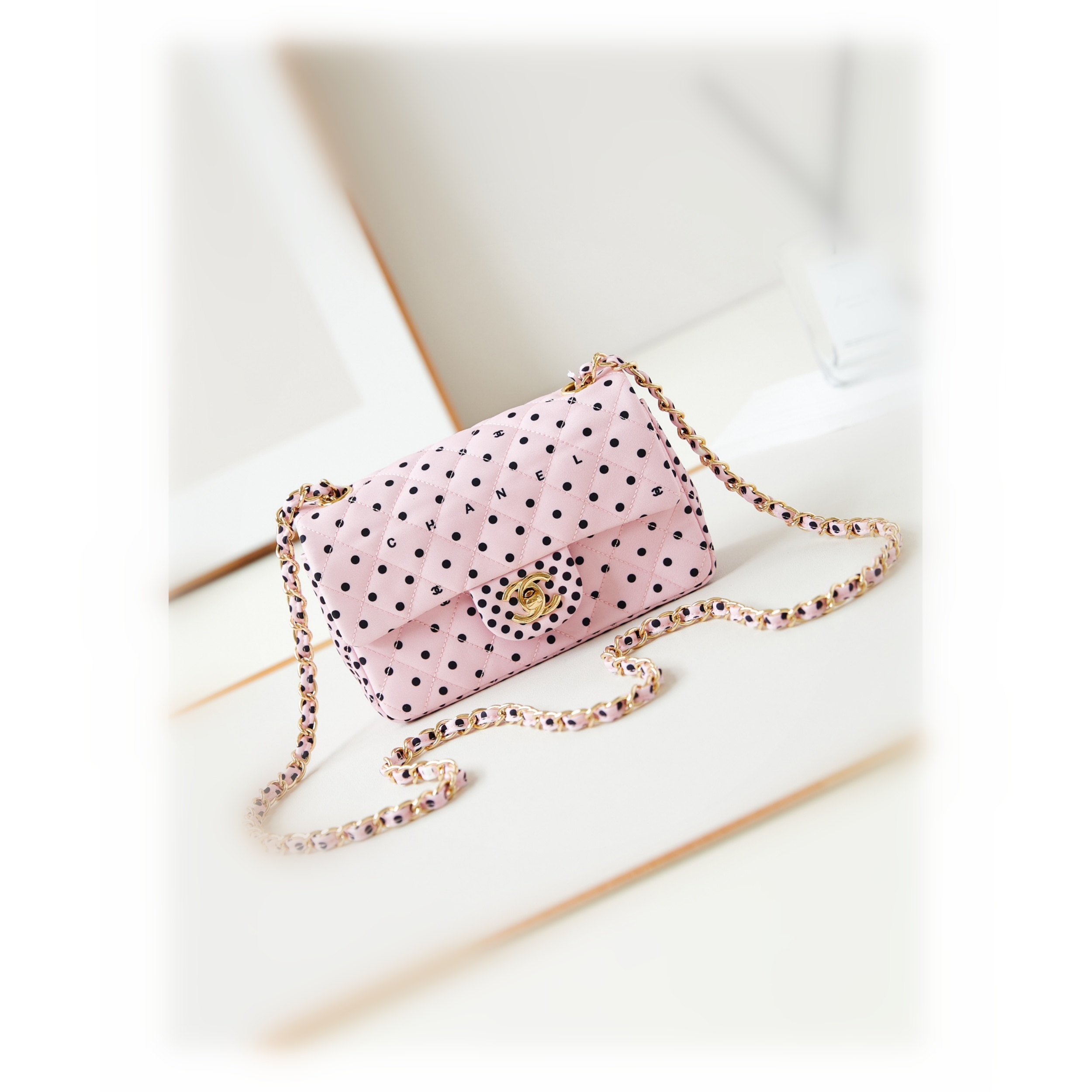CHANEL Mini Classic Handbag & Gold-Tone Metal Pink Spots-A69900