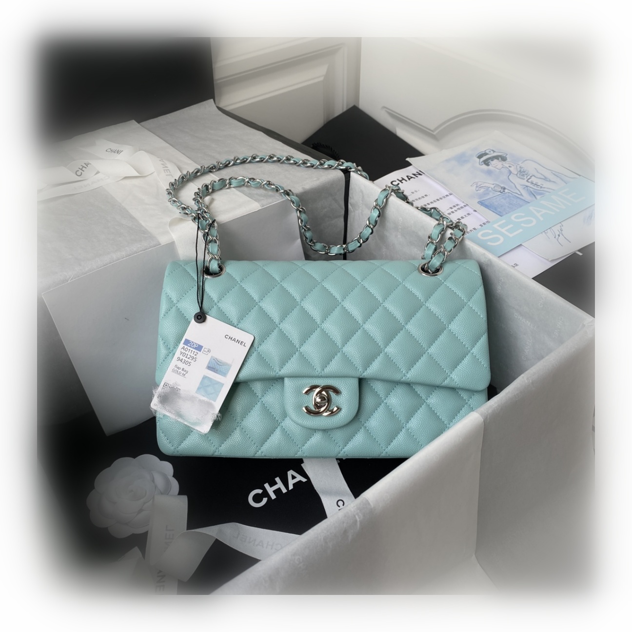 CHANEL CLASSIC 11.12 HANDBAG Lambskin & Brown Metal Blue-A01112