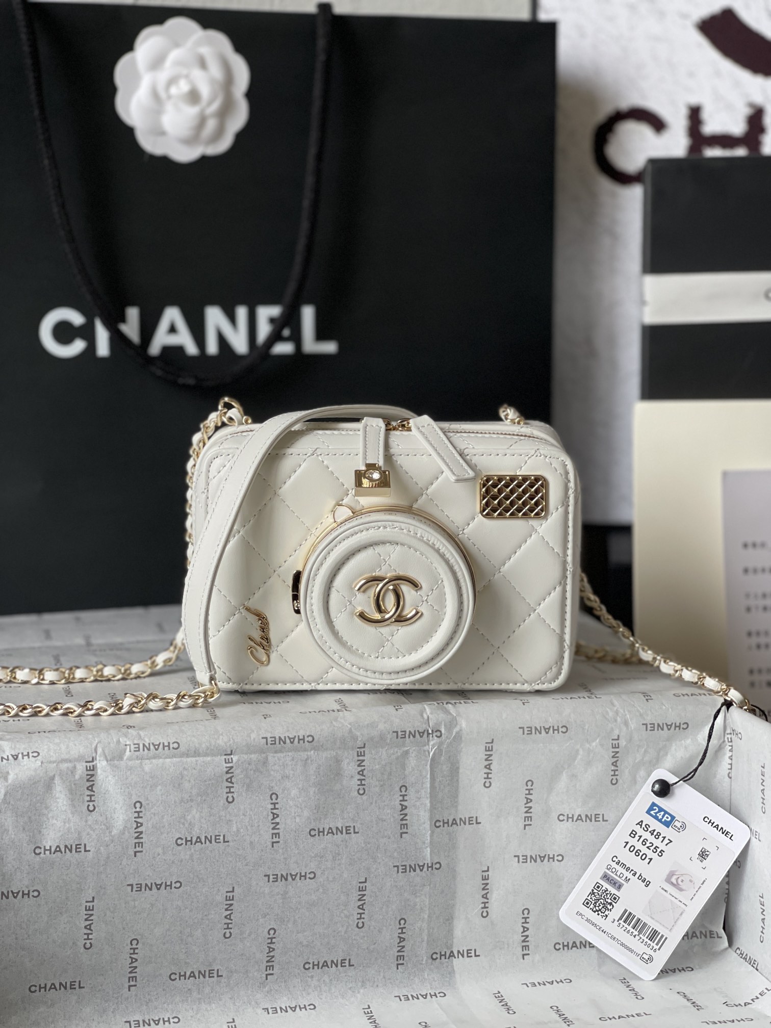 CHANEL Camera bag Sheep leather and gold metal White-AS4817