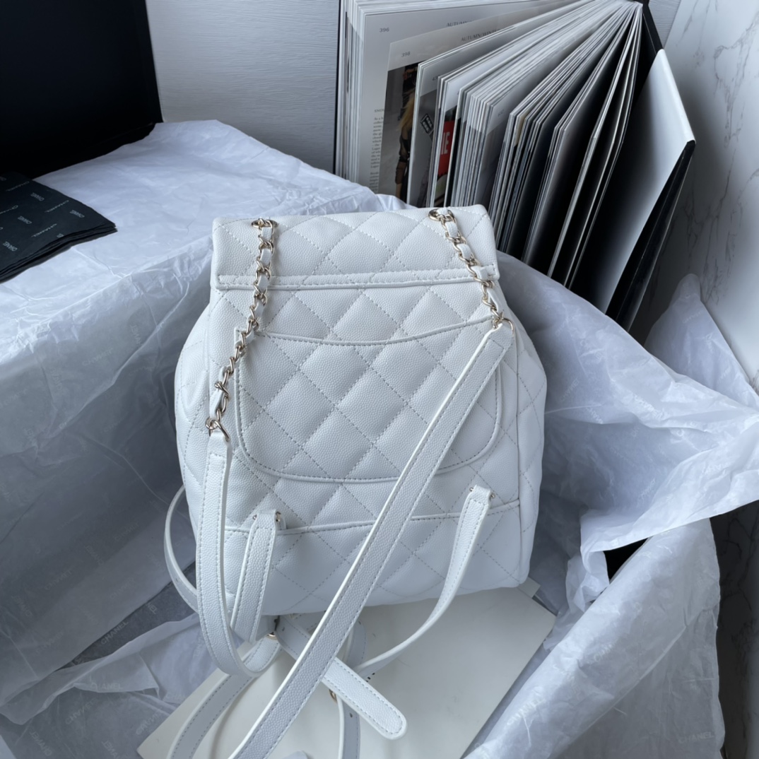 CHANEL Backpacks Grain-embossed shiny calf leather with gold-coloured metal White -AS4058