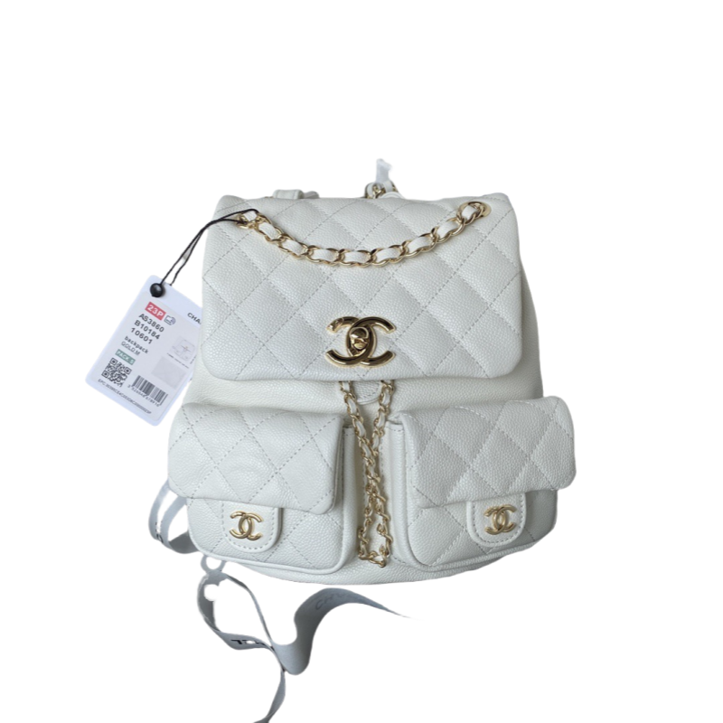 CHANEL Backpacks Grained Calfskin & Gold-Tone Metal White -AS3787