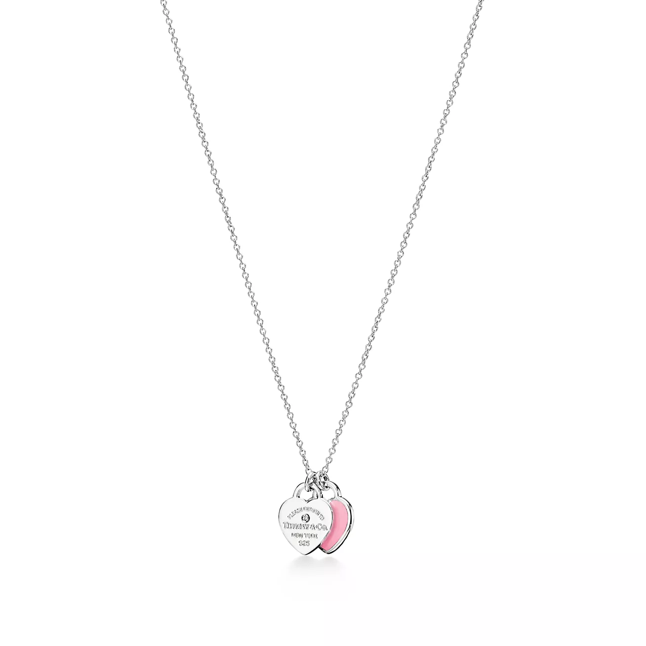 Pink Double Heart Tag Pendant in Silver with a Diamond, Mini