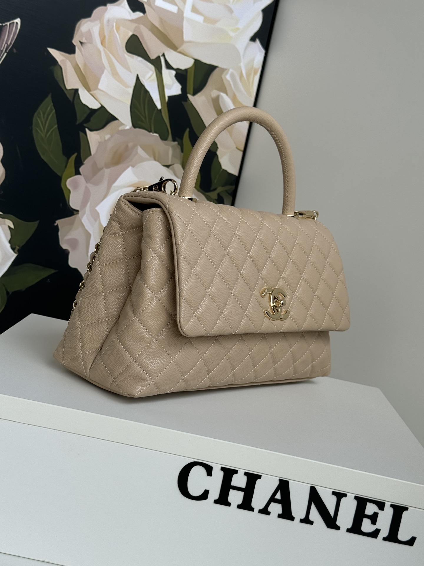 CHANEL Large Flap Bag With Top Handle ﻿Apricot-A92991
