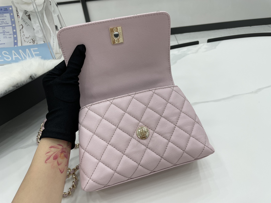 CHANEL Mini flap bag with handle Grain embossed calf leather with gold coloured metal Pink-AS2215