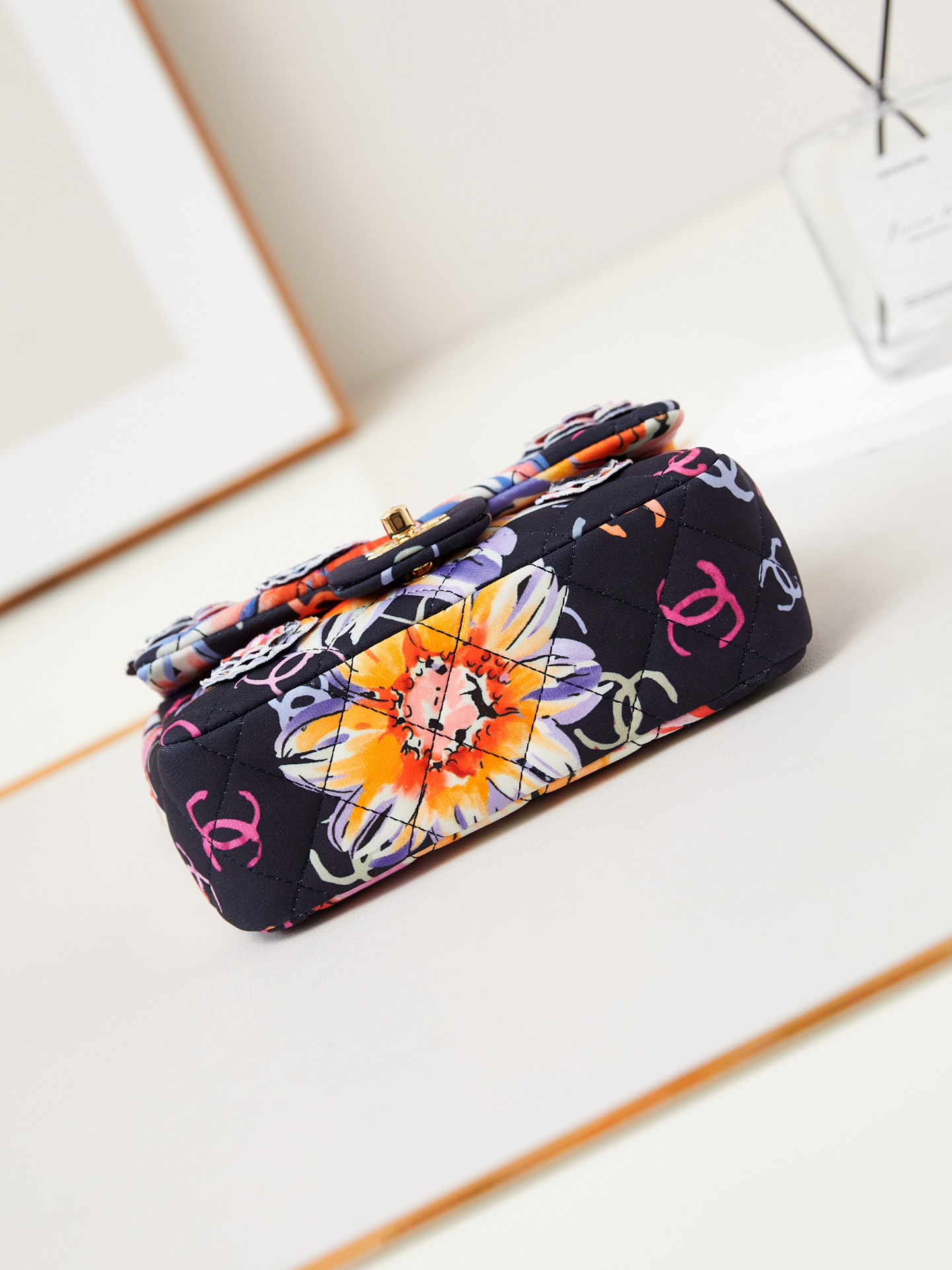 CHANEL Mini Classic Handbag & Gold-Tone Metal Camellia-A69900