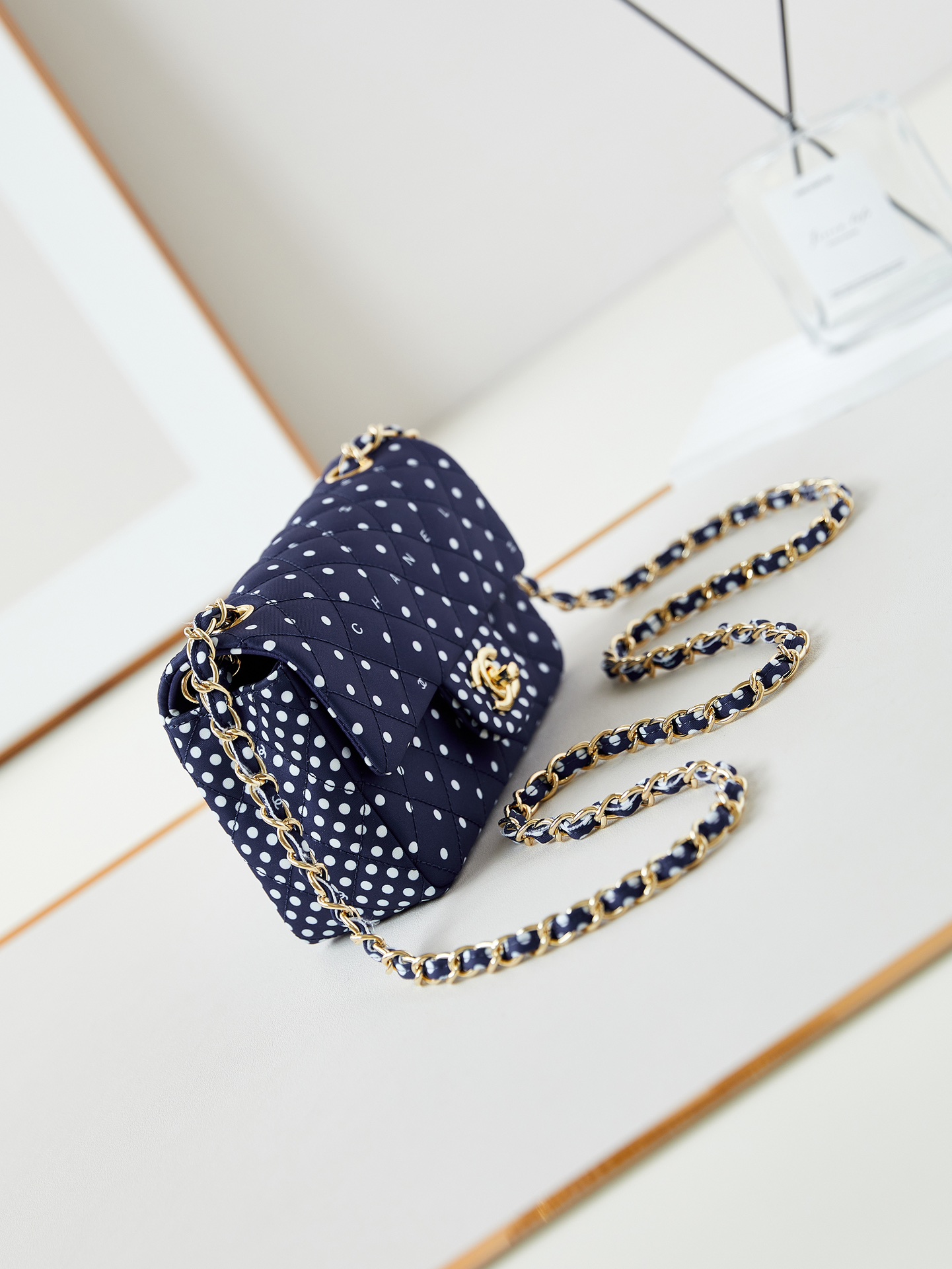 CHANEL Mini Classic Handbag & Gold-Tone Metal Blue Spots-A69900