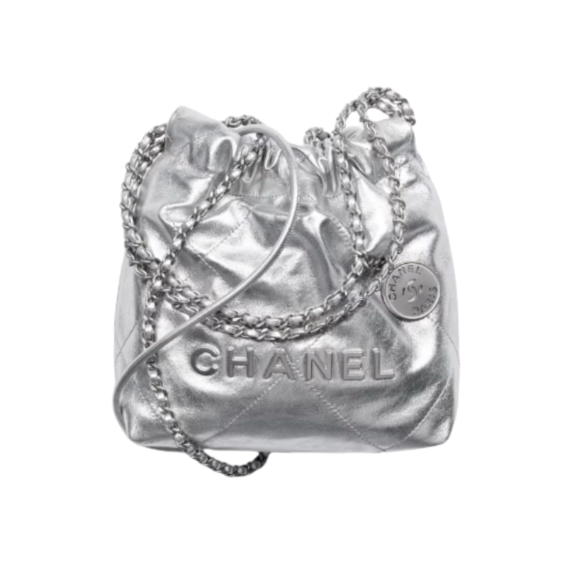 CHANEL CHANEL 22 Mini Handbag Metallic Lambskin & Silver-Tone Metal Silver - AS3980